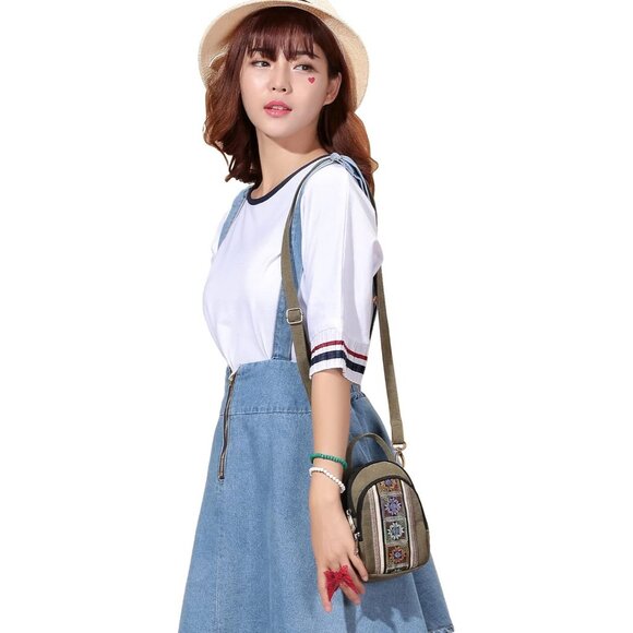 Women's S3 Army Green Vintage Embroidered Cute Mini Cross Body Bag Small Handbag - Picture 8 of 8